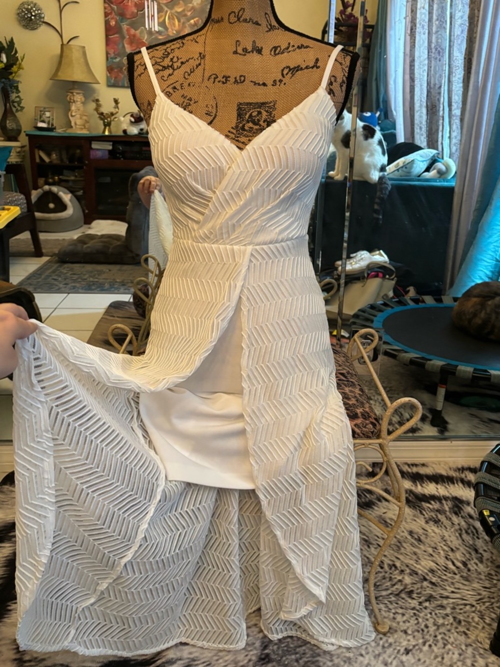 Guess White Layered V-Neck High-Low Dress